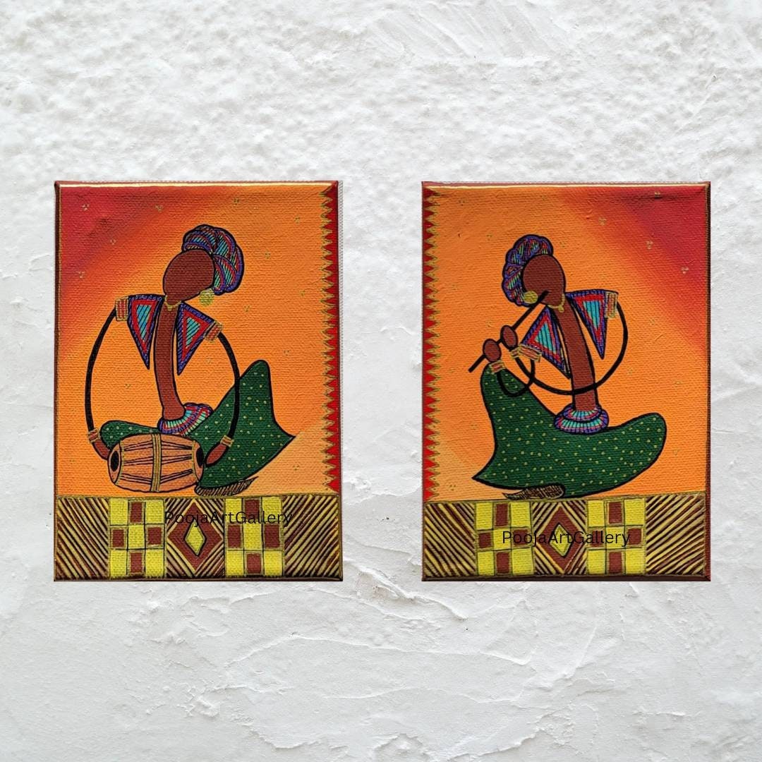 Indian Folk Art, Set of Two Musical Art, Indian Music Artwork