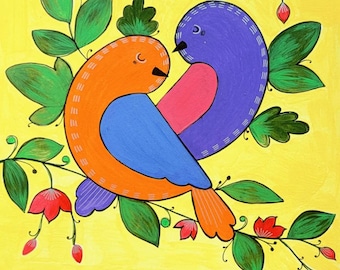Love Birds Acrylic Painting, Valentine's Day Gift, 9x12