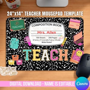 Editable Teacher Mousepad Composition Notebook Template Canva | Teachers Appreciation Sublimation Mousepad 24x14in | Instant Download image 1