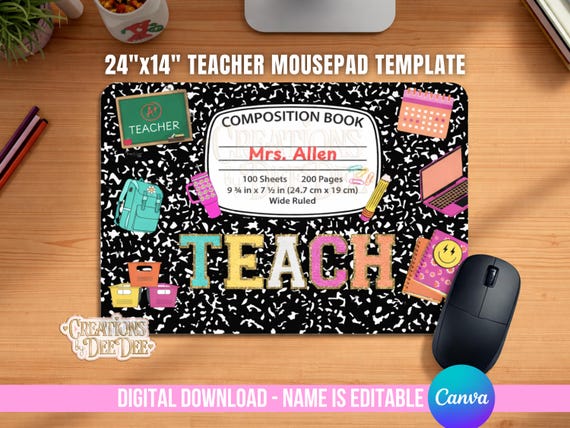 Editable Teacher Mousepad Composition Notebook Template Canva | Teachers Appreciation Sublimation Mousepad 24x14in | Instant Download