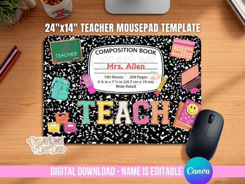 Editable Teacher Mousepad Composition Notebook Template Canva | Teachers Appreciation Sublimation Mousepad 24x14in | Instant Download image 1