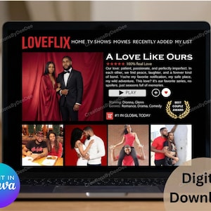 以下が含まれることがあります： ラップトップの画面には、LOVEFLIXという映画ストリーミングサービスが表示され、「A Love Like Ours」というタイトルの映画が特集されています。画面には「デジタルダウンロード」グラフィックと「Edit in Canva」というテキストも表示されています。