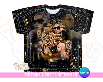 Pode incluir: Camiseta preta com estampa total com Chris Brown e Usher. O design inclui imagens dos artistas, microfones e o texto "Chris Brown & Usher R&B Tour". A camisa tem fundo preto com detalhes dourados e o texto "R&B TOUR ALL OVER T SHIRT TEMPLATE".