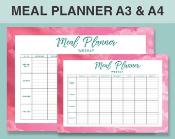 Meal Planner, Weekly, Organizer, A3 and A4, Instant Download, Printable, Grocery List
