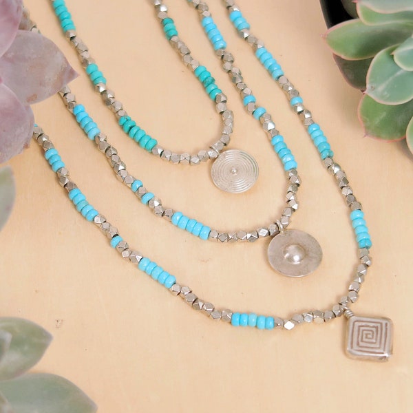 Turquoise and Hill Tribe Silver Beaded Necklace