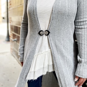 Cinch Clip | Waist Cincher | Silver on Black Leather Dress Clips | Cloak Clasp | Cardigan Clips | Unique Gift | No Slip Kardiklips | 017