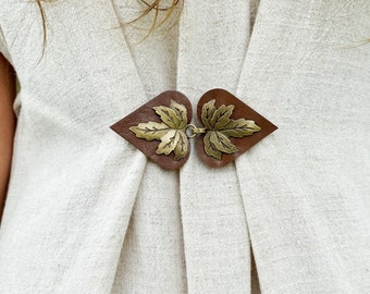 Cinch Clip | Waist Cincher | Bronze Leaf on Brown Leather Dress Clips | Festival Cloak Clasp | Cardigan Clips | Unique Gift Kardiklips K-002