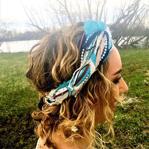 Boho Head Scarf | Hippie Headband | Bohemian Romance Hair Wrap Head Band | Extra Long Tie Headband | Multi Strand Turquoise Lace Hair Scarf