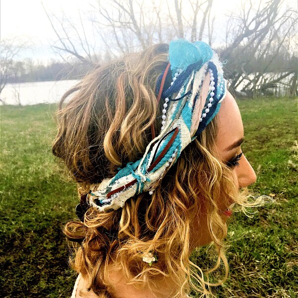 Boho Head Scarf | Hippie Headband | Bohemian Romance Hair Wrap Head Band | Extra Long Tie Headband | Multi Strand Turquoise Lace Hair Scarf