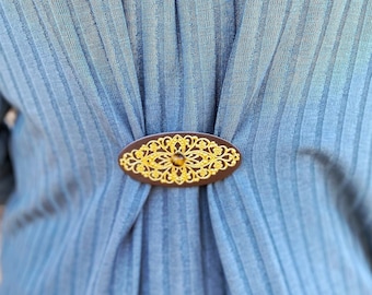 Cinch Clip | Waist Cincher | Gold on Brown Leather w/ Stone Dress Clips | Festival Cloak Clasp | Unique Gift Cardigan | Kardiklips | K-517