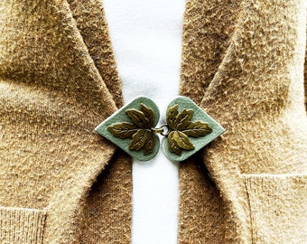 Cinch Clip | Waist Cincher | Bronze Leaf on Sea Green Leather Dress Clips | Festival Cloak Clasp | Cardigan Clips | Unique Gift | Kardiklips