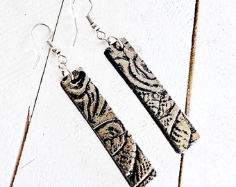 NEW Silver Embossed Black Leather Bar Earrings | “Impressions” Dangle Boho Minimalist Jewelry | Upcycled Repurposed Floral