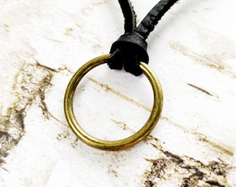 NEW Boho Minimalist Style Bronze O-Ring on Black Leather Necklace | Men Women Layering | Simple Unique Christmas Gift | Stocking Stuffer