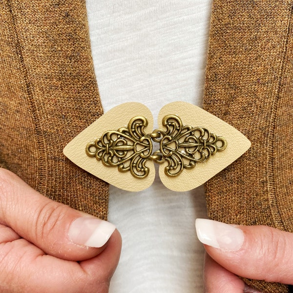 Cardigan Clip | Antique Bronze Swirl on Beige Leather Backing | Sweater Clips | Steampunk Cardigan Guard for Women | Dress Cape Clasp K-308