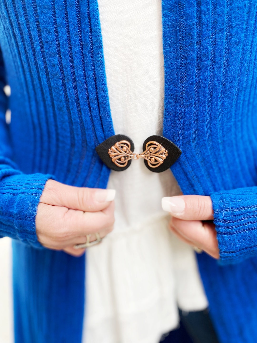 Sweater Clip Copper on Black Leather Dress Clips Cloak Clasp Cinch Clip