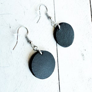 NEW Silver Embossed Black Leather Circle Earrings Impressions Dangle Boho Minimalist Jewelry Upcycled Repurposed Floral Round Sphere image 2