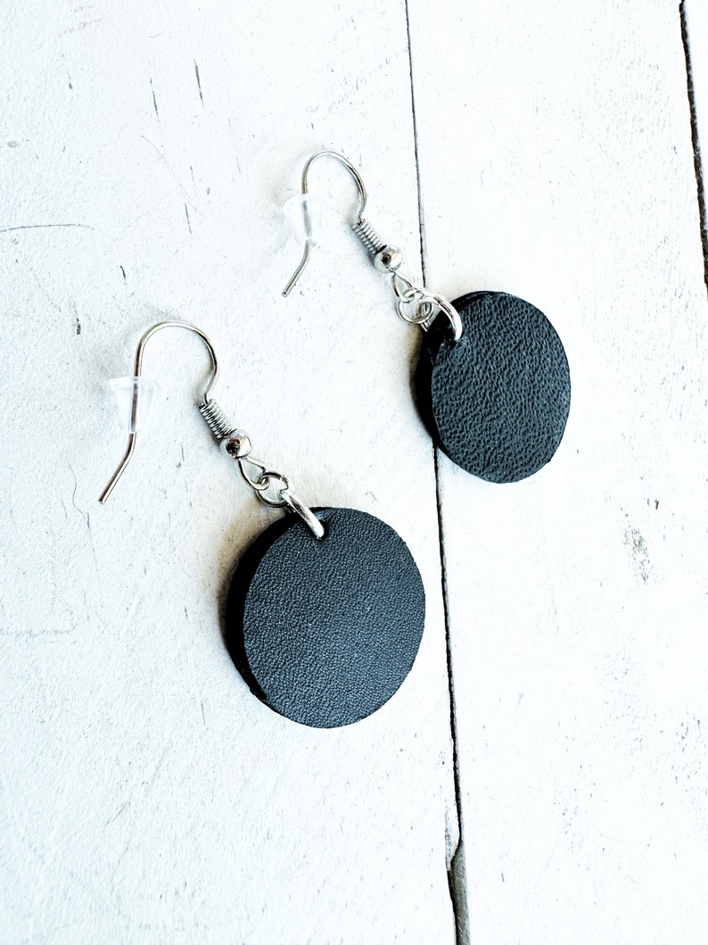 NEW Silver Embossed Black Leather Circle Earrings Impressions Dangle Boho Minimalist Jewelry Upcycled Repurposed Floral Round Sphere image 2