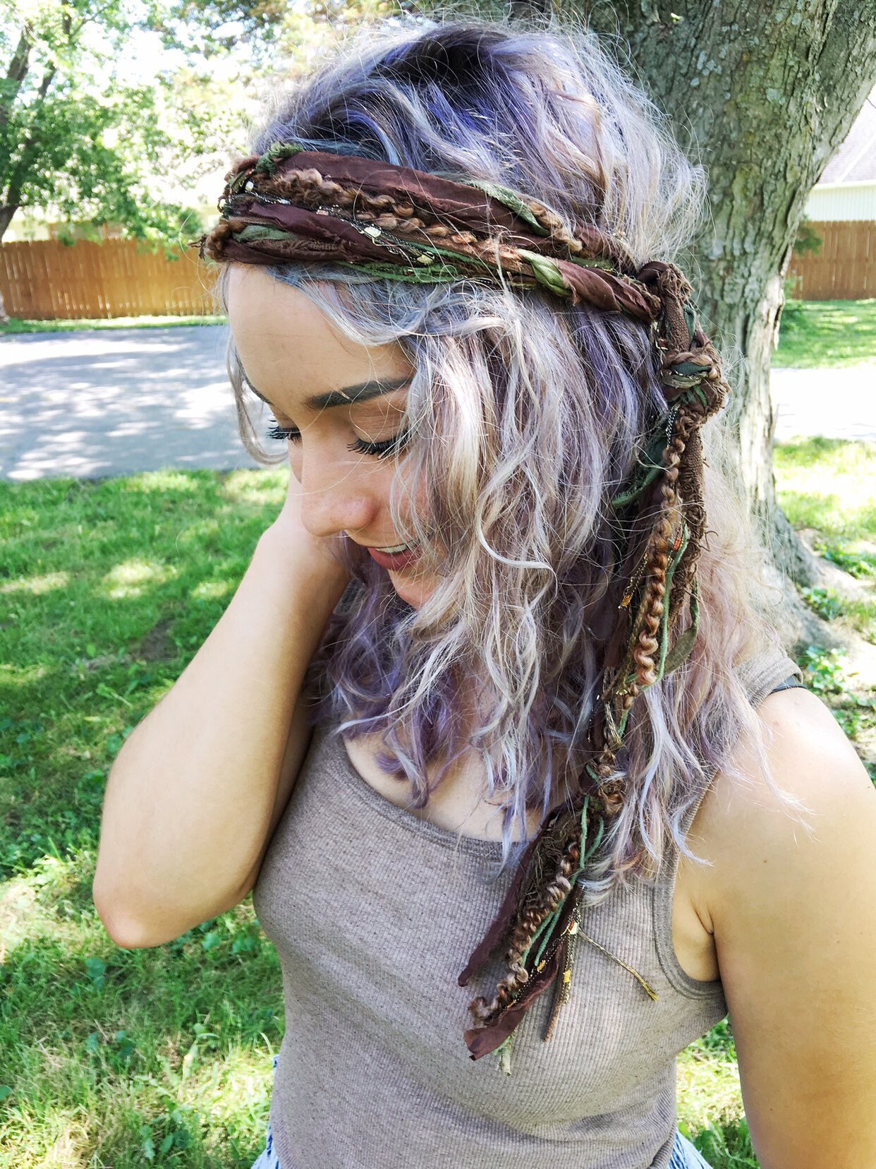 Boho Head Wrap | Forest Green & Brown Hippie Headband | Extra Long Gy…