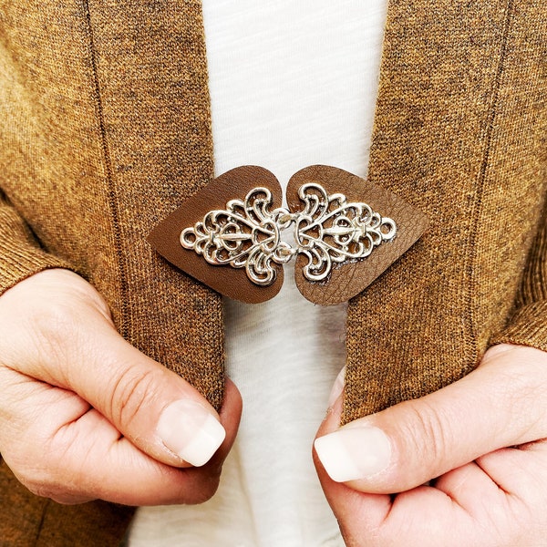 Sweater Clips | Antique Silver Swirl on Brown Leather Backing | Medieval Cloak Clasp | Cape, Cardigan Clip| KardiKlips | Scarf Holder K-303