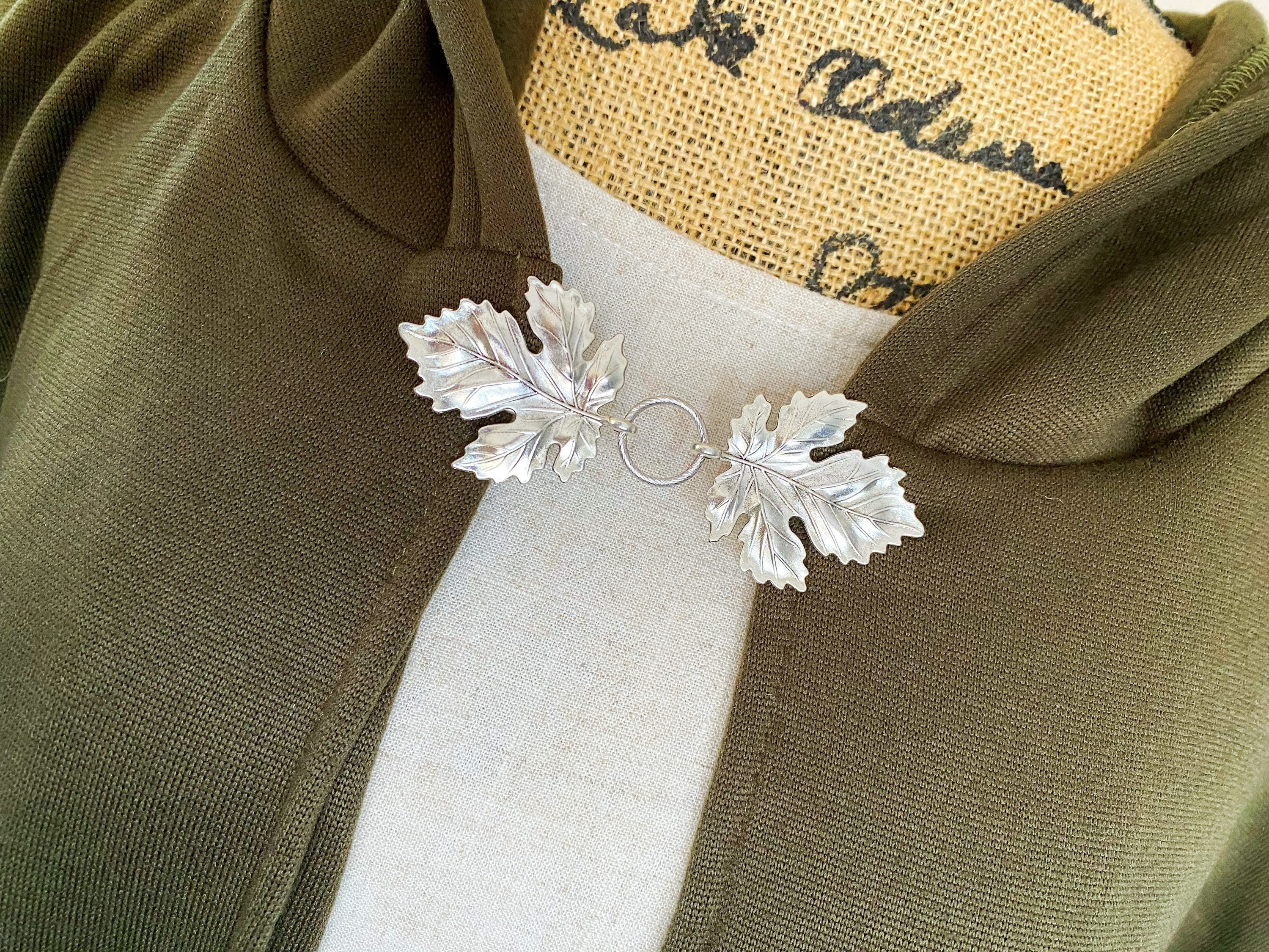 Silver Leaf Cloak Clasp sylvan Dress Cinch Clip Festival Cape