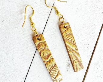 NEW Gold Embossed Brown Leather Bar Earrings | “Impressions” Dangle Boho Minimalist Jewelry | Upcycled Repurposed Floral
