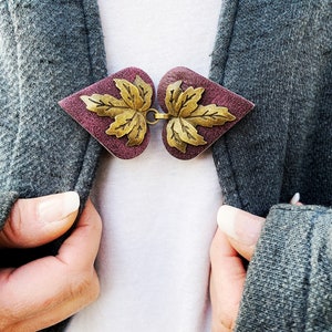 NEW Bronze Leaf Cloak Clasp | Sweater Clips | Bronze Metal on Burgundy Wine Leather Cardigan Closure | Kardiklips | Steampunk Renaissance