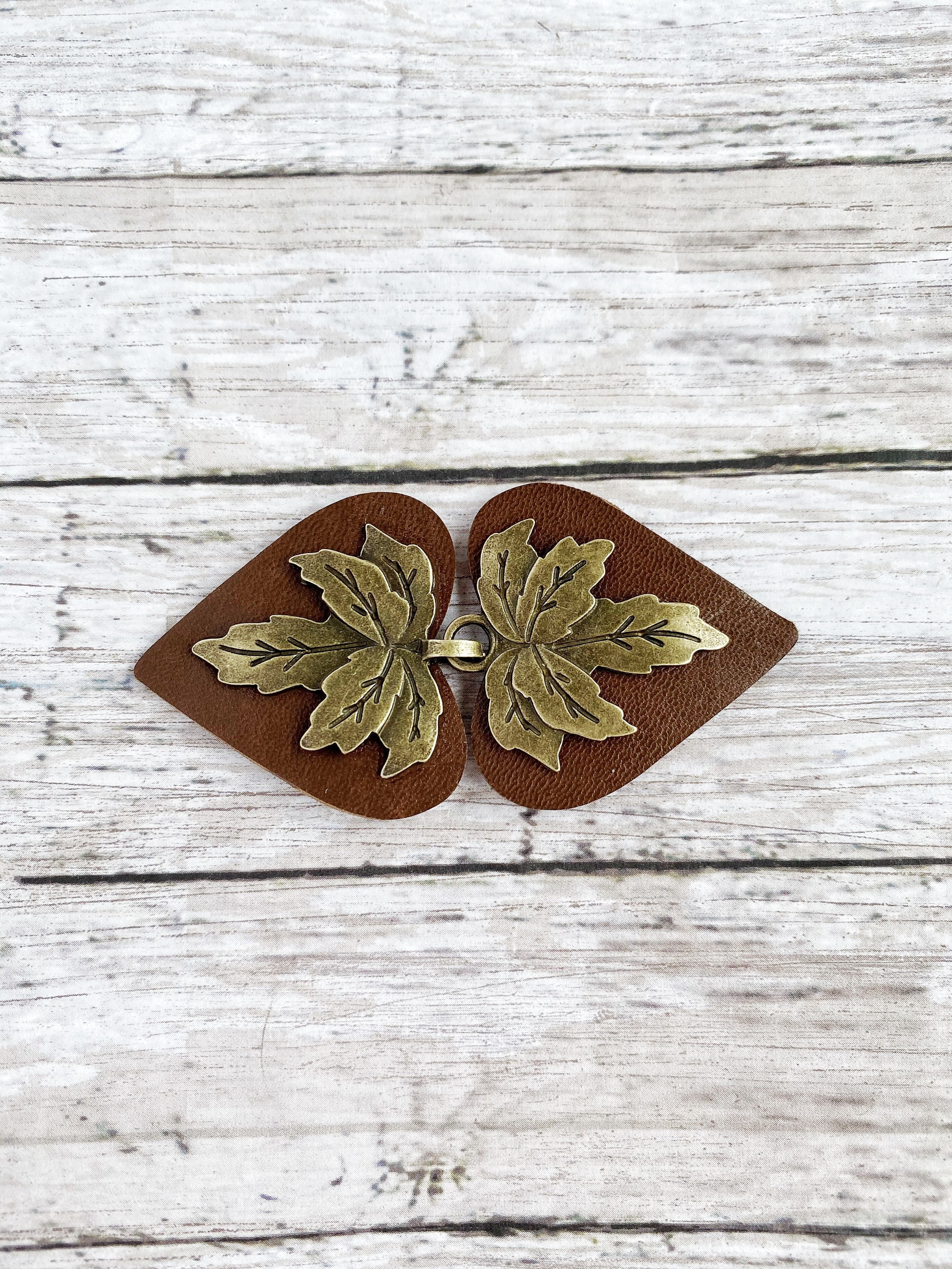 Bronze Leaf Cloak Clasp | Dress Cinch Clips | Metal on Brown Leather …