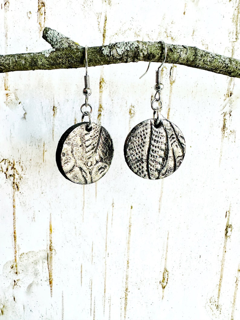 NEW Silver Embossed Black Leather Circle Earrings Impressions Dangle Boho Minimalist Jewelry Upcycled Repurposed Floral Round Sphere image 4