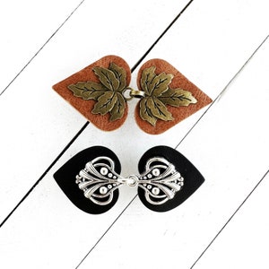 2 Metal on Leather Cinch Clips | Bestselling Pair Halcyon Bronze/Brown & Myriad Silver/Black Dress Clips Cloak Clasp Gift Sets | K002, K117