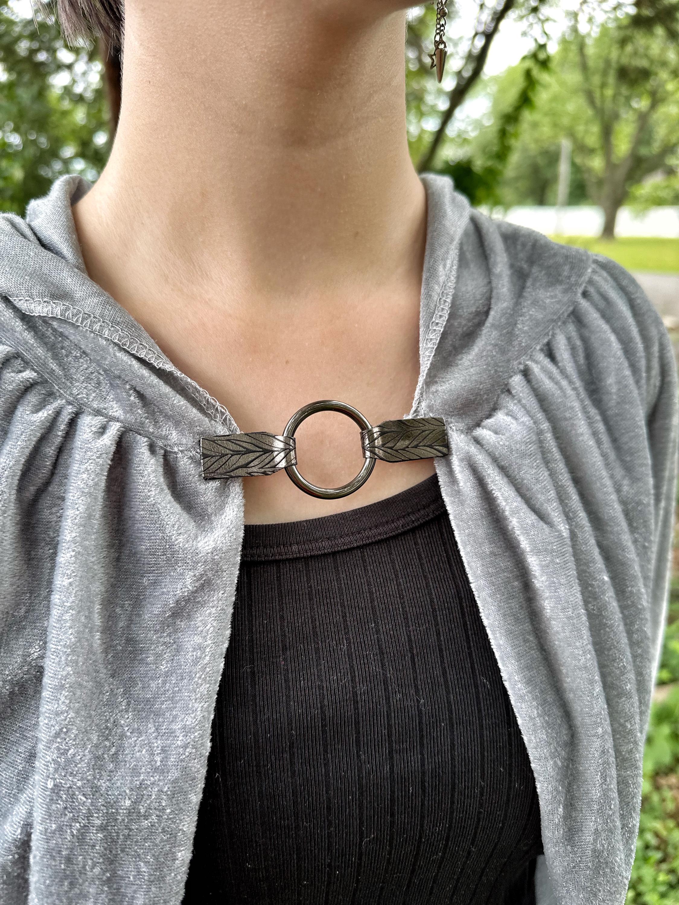 Dress Cinch Clip | Black Ring & Silver Patterned Leather Sweater Clip | Unique Clothing Clasps Shawl Clip | Steampunk Minimalist Capsule