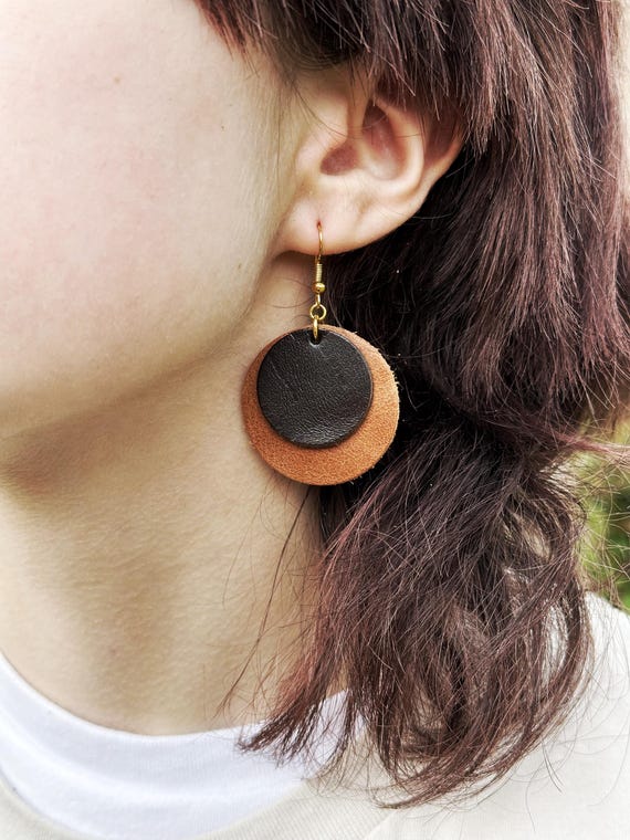 Two-toned Circle Leather Earrings, Dark Brown on Warm Brown W