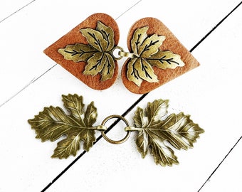 2 Metal & Leather Leaf Dress Cinch Clips | Bestselling Pair Halcyon + Sylvan Bronze Dress Cardigan Cloak Clasp | Gift Sets | K-002, K-200