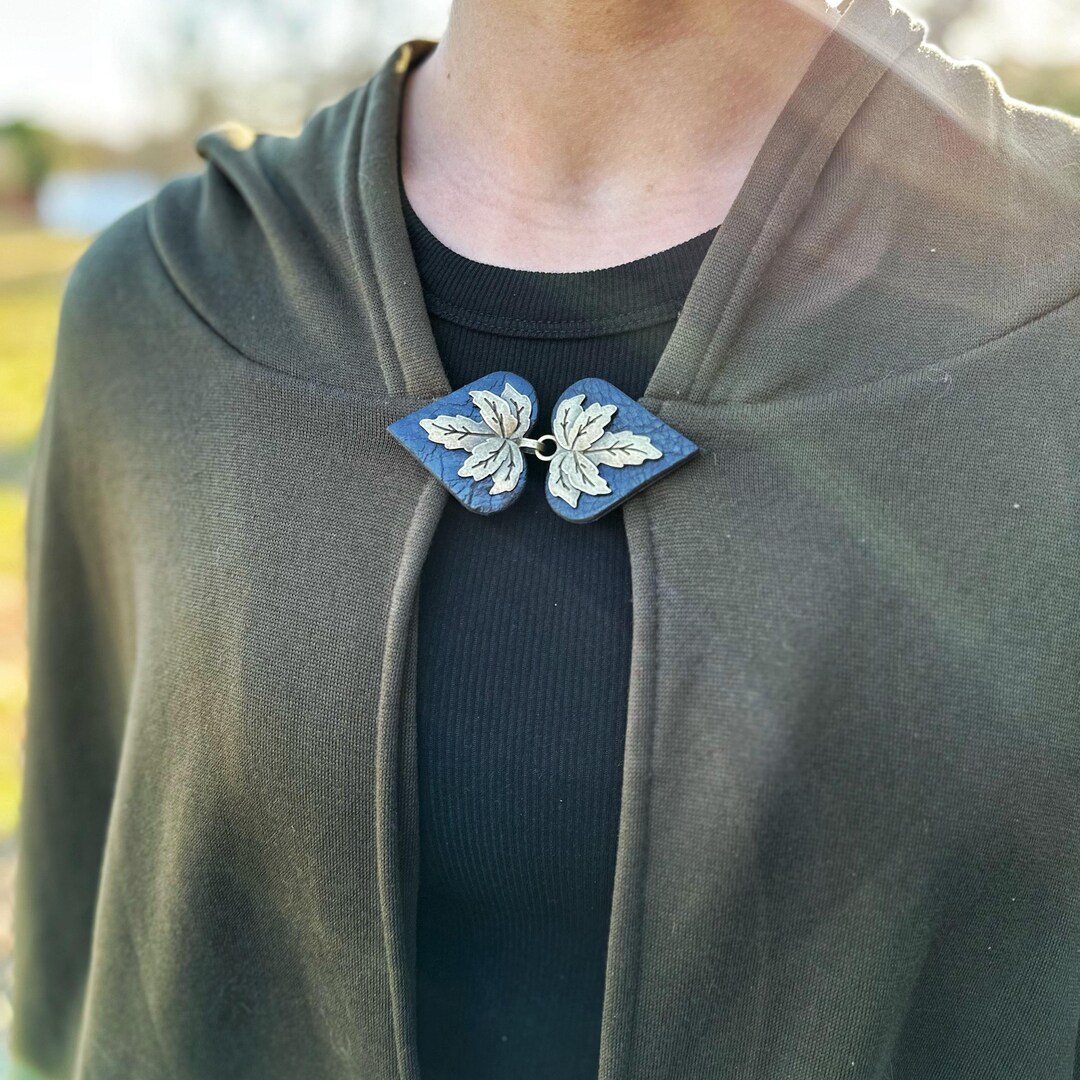 Cloak Clasp | Bronze Metal Leaf on Black Leather Cinch Clip for Fantasy ...