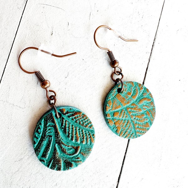 NEW Copper Embossed Teal Leather Round Sphere Earrings | “Impressions” Dangle Boho Minimalist Jewelry | Upcycled Repurposed Floral Circles
