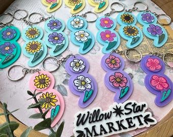 Painted Floral Semi Colon Keychain | Mental Health Keychain