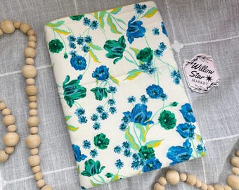 Blue Floral Padded Booksleeve: Cotton Book Protector with Pocket