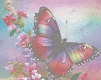 Butterfly and flowers, PDF cross stitch pattern