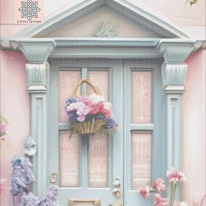 Door with flowers, PDF cross stitch pattern, English/Español/Portugues, DMC Threads