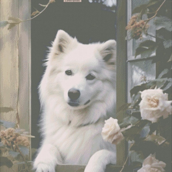 Samoyed at the window, PDF cross stitch pattern, English/Español, DMC Threads