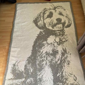 Puede incluir: Una manta de ganchillo con una imagen detallada de un perro en tonos grises y blancos. El perro está sentado, con un collar visible. La manta tiene un borde gris.