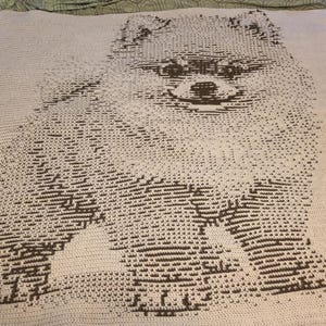 Puede incluir: Una manta de color claro con una imagen detallada de un perro Pomerania. La forma del perro se crea utilizando un patrón de puntadas marrones sobre un fondo más claro. La manta es rectangular y parece hecha a mano.