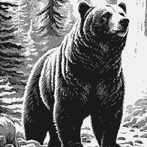 Puede incluir: Una ilustración en pixel art en blanco y negro de un oso grande de pie sobre una superficie rocosa. El oso está posicionado frente a un bosque de pinos. La imagen utiliza un patrón de puntos de alto contraste para definir el pelaje, los árboles y las rocas.