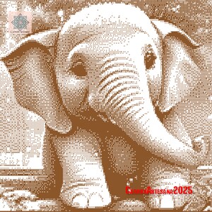 May include: A sepia-toned illustration of an elephant, rendered in a dot-matrix style. The elephant is facing forward, with its trunk and ears visible. The image includes the text "Carmen Artesana 2025" in the lower right corner.