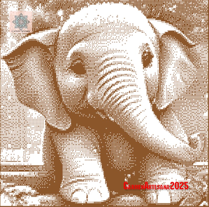 May include: A sepia-toned illustration of an elephant, rendered in a dot-matrix style. The elephant is facing forward, with its trunk and ears visible. The image includes the text "Carmen Artesana 2025" in the lower right corner.