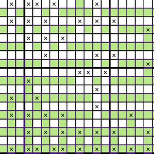 May include: A grid-like pattern with alternating green and white squares, marked with black 'X' symbols. The grid is divided by thicker black lines and purple borders, with numbers on the right side. This design could be used for a puzzle or a game.