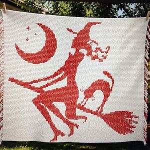 WITCH ON A BROOM, overlay mosaic crochet throw, written pattern row by row, Big Chart with Xs, pdf files