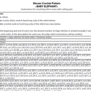 May include: A crochet pattern sheet for a "Baby Elephant" mosaic design. The instructions include abbreviations, row-by-row stitch details, and a list of stitches. The pattern is written in English.