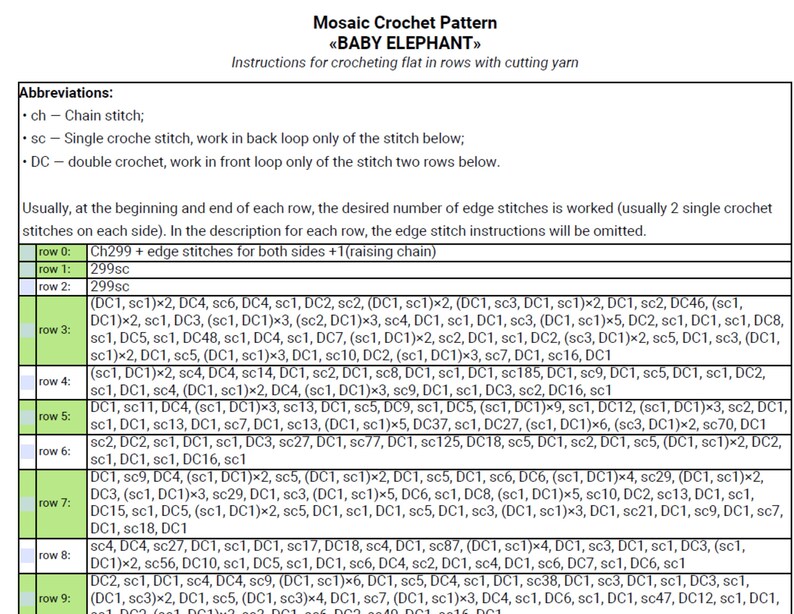 May include: A crochet pattern sheet for a "Baby Elephant" mosaic design. The instructions include abbreviations, row-by-row stitch details, and a list of stitches. The pattern is written in English.
