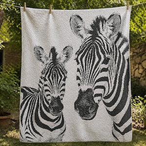 Puede incluir: Una manta rectangular blanca con un estampado gráfico negro de alto contraste de dos cebras. El diseño muestra una cebra más pequeña a la izquierda y una cebra más grande a la derecha, ambas representadas con un patrón punteado y texturizado.