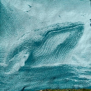 Puede incluir: Una manta tejida cuadrada con un esquema de colores bicolor en verde azulado y azul claro. El tejido muestra un gráfico grande y abstracto de una ballena nadando, creado mediante un patrón de tejido pixelado o jacquard con bordes deshilachados.